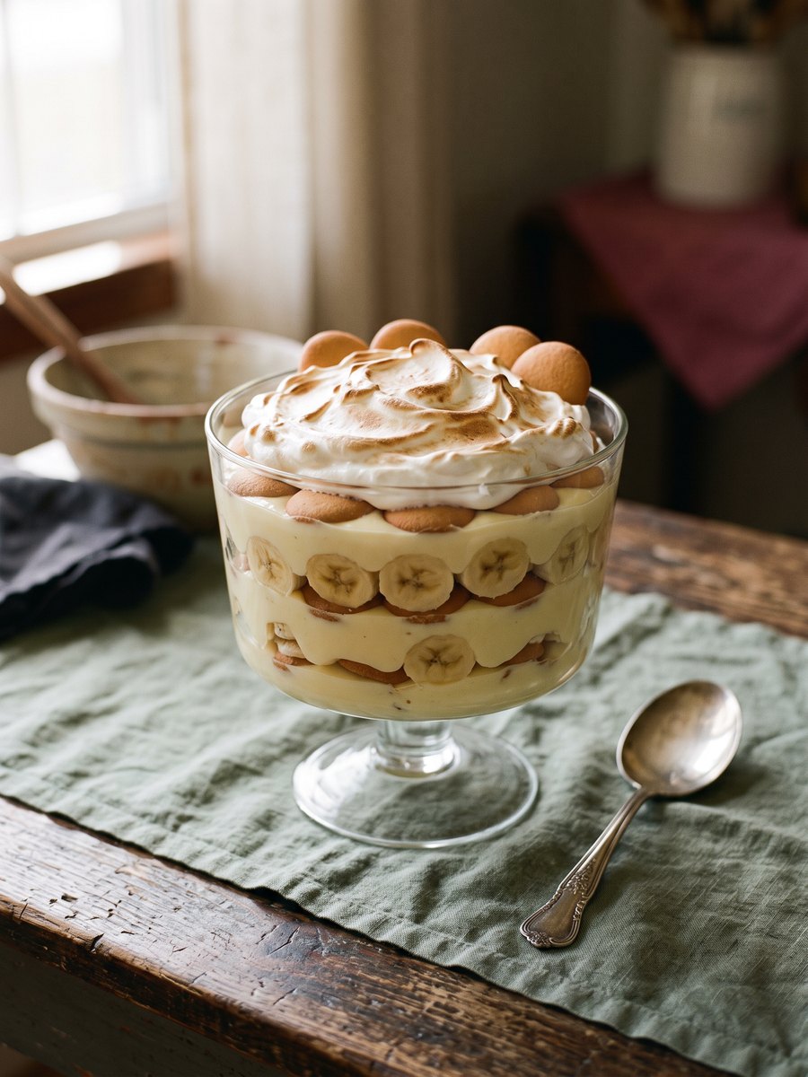 A glass trifle bowl filled with layers of vanilla custard, sliced bananas, and vanilla wafers, topped with a final layer of wafers and banana slices.