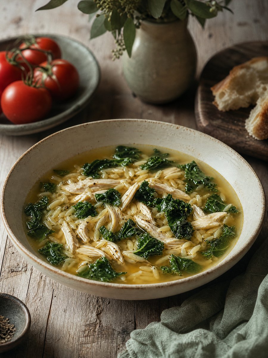 A wide, shallow ceramic bowl filled with clear golden broth, shredded chicken, tender orzo, and bright green ribbons of kale, resting on a wooden table.